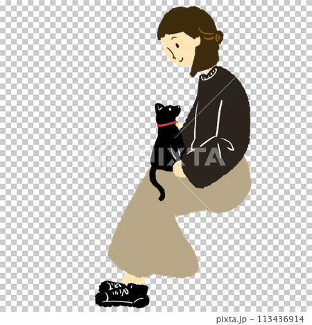 一個女人把一隻貓放在腿上的插圖 113436914