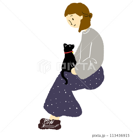 猫を膝にのせる女性のイラスト 猫を膝にのせる女性のイラスト 113436915