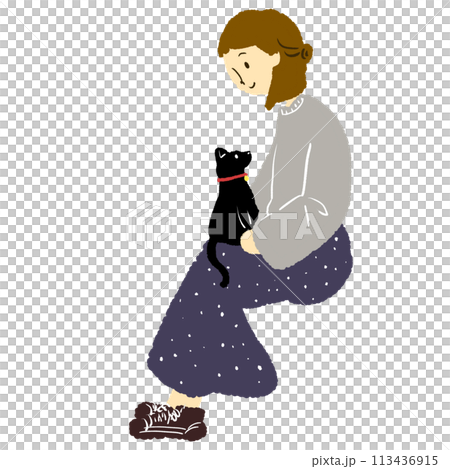 一個女人把一隻貓放在腿上的插圖 113436915