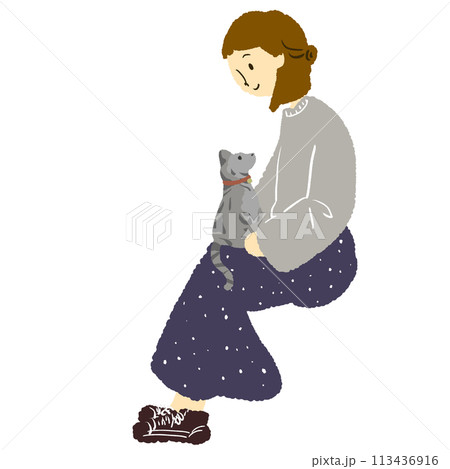 猫を膝にのせる女性のイラスト 猫を膝にのせる女性のイラスト 113436916