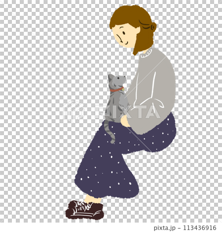 一個女人把一隻貓放在腿上的插圖 113436916