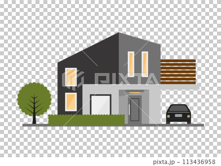 插圖素材：一棟客製化建造的房屋，擁有許多窗戶，是一棟兩層樓的住宅。 113436958