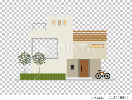 白っぽいオシャレなデザインの二階建て住宅フラットイラスト 113436963