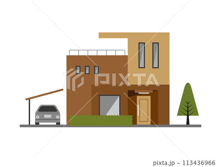 スリット窓のあるシンプルデザインの二階建て住宅フラットイラスト(ブラウン) スリット窓のあるシンプルデザインの二階建て住宅フラットイラスト(ブラウン) 113436966