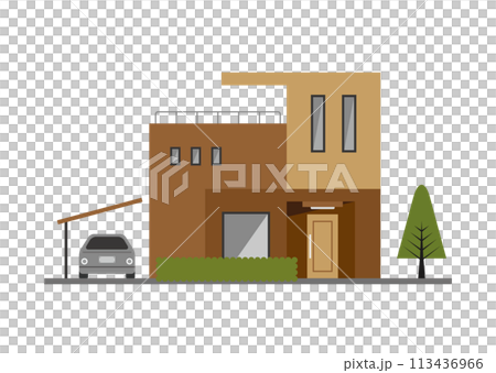 スリット窓のあるシンプルデザインの二階建て住宅フラットイラスト(ブラウン) スリット窓のあるシンプルデザインの二階建て住宅フラットイラスト(ブラウン) 113436966