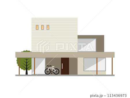 店舗併用住宅・二階建てフラットイラスト素材 店舗併用住宅・二階建てフラットイラスト素材 113436973