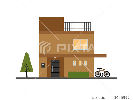 屋上のある茶色の二階建てのオシャレな戸建住宅のフラットイラスト 113436997