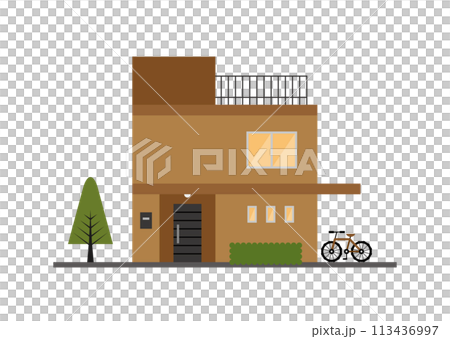 屋上のある茶色の二階建てのオシャレな戸建住宅のフラットイラスト 113436997