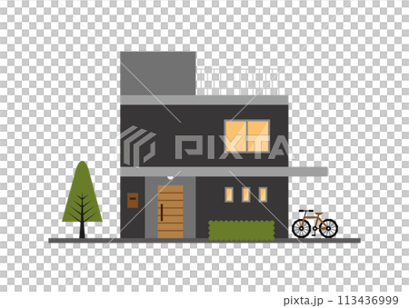 一幅時尚的兩層獨立式住宅的平面插圖,帶有屋頂。 一幅時尚的兩層獨立式住宅的平面插圖,帶有屋頂。 113436999