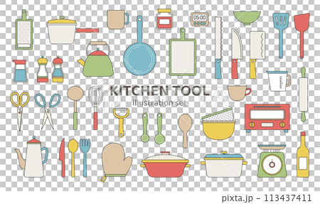 Kitchen tools, simple, line drawing, illustration, set, home appliances, kitchen, icon, cafe, restaurant, color 113437411