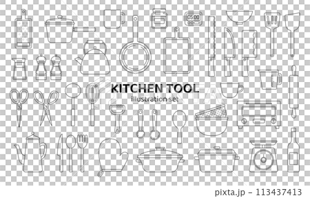 Kitchen tools, simple, line drawing, illustration, set, home appliances, kitchen, icon, cafe, restaurant, black and white Kitchen tools, simple, line drawing, illustration, set, home appliances, kitchen, icon, cafe, restaurant, black and white 113437413