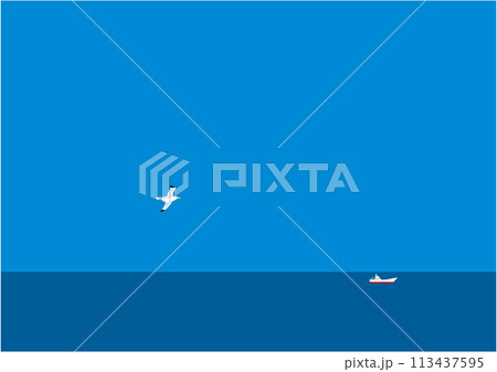 水平線に船と1羽のカモメが飛ぶイラスト 113437595