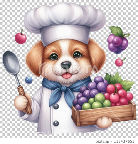 dog wearing a chef's uniform holding grapes clipart watercolor 113437653