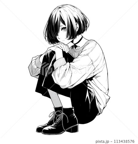 女の子　膝を抱えている 113438576