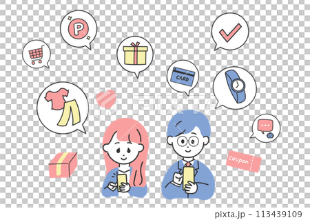 Image illustration of male and female businessmen shopping online Image illustration of male and female businessmen shopping online 113439109