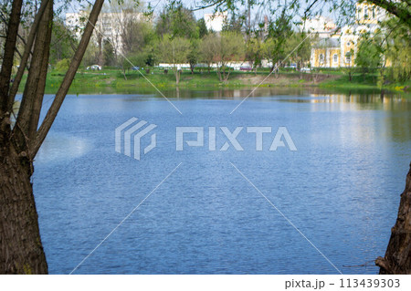 Kids having fun in ferris wheel with chains, carousel ski flyer in amusement park in Targoviste, Romania, 2020. Kids having fun in ferris wheel with chains, carousel ski flyer in amusement park in Targoviste, Romania, 2020. 113439303
