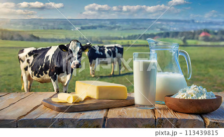 ホルスタイン　牧場　牛　チーズ　バター　牛乳 113439815