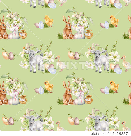 Pets and white flowers seamless pattern isolated on neutral. Easter Watercolor floral illustration with baby animals. Gentle print with bunny, lamb, chick hand drawn. For design textile, package 113439887