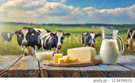 牧場と乳製品　牛乳とチーズ 113439919