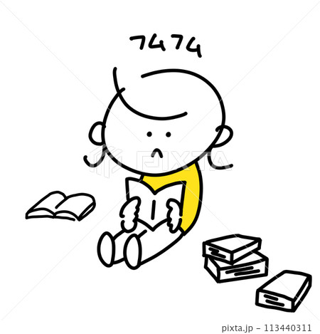 たくさんの本を熱心に読む女性　シンプルで可愛い線画イラスト 113440311