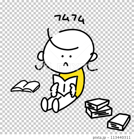 たくさんの本を熱心に読む女性　シンプルで可愛い線画イラスト 113440311