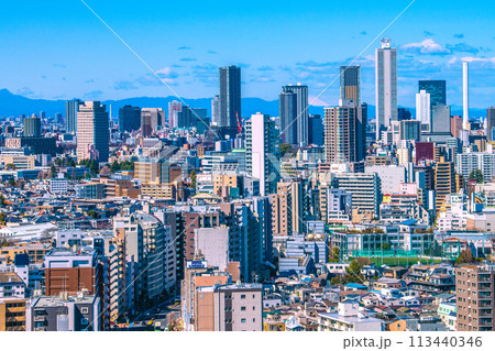 日本の東京都市景観 山々が見える珍景…池袋副都心。サンシャイン60やタワーマンションなどを望む 113440346
