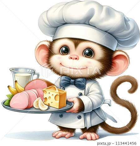 Monkey wearing a chef's uniform holding cheese and ham 113441456