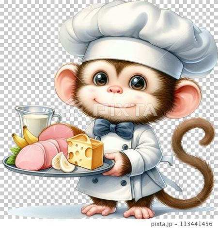 Monkey wearing a chef's uniform holding cheese and ham 113441456