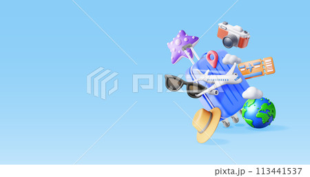 3d airline ticket, travel bag, globe and airplane. 113441537