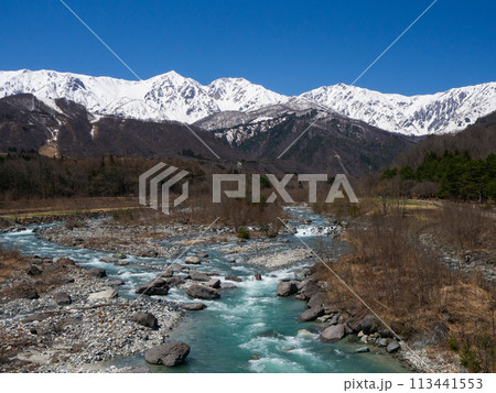 春の白馬村　残雪の北アルプスと白馬三山 113441553