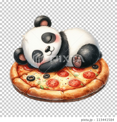 panda sleeping on pizza clipart watercolor 113441584
