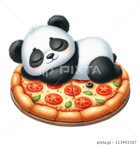 panda sleeping on pizza clipart watercolor 113441587