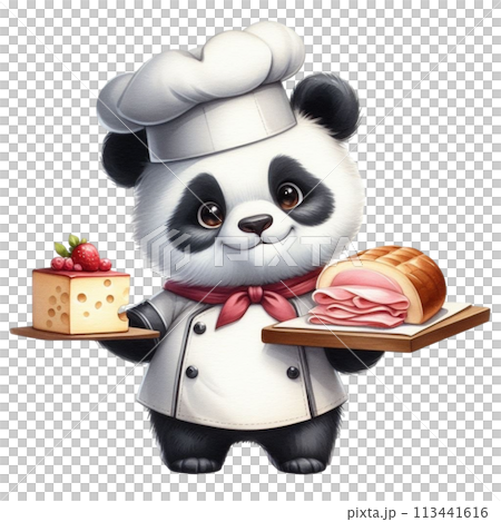 panda wearing a chef's uniform holding cheese and ham panda wearing a chef's uniform holding cheese and ham 113441616