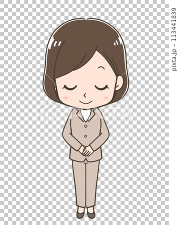 お辞儀をするビジネスウーマンの全身イラスト お辞儀をするビジネスウーマンの全身イラスト 113441839