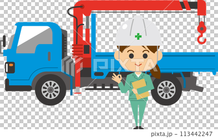 一名女工站在起重車前的圖像插圖 113442247