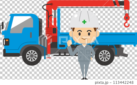 一名男工人站在起重機車前的圖像插圖 113442248