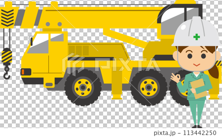 Image illustration of a female worker standing in front of a large crane truck Image illustration of a female worker standing in front of a large crane truck 113442250
