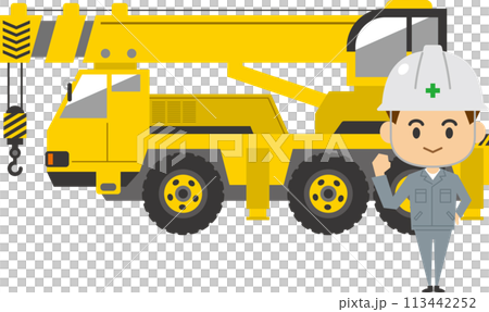 大型クレーン車の前に立つ男性作業員のイメージイラスト 113442252
