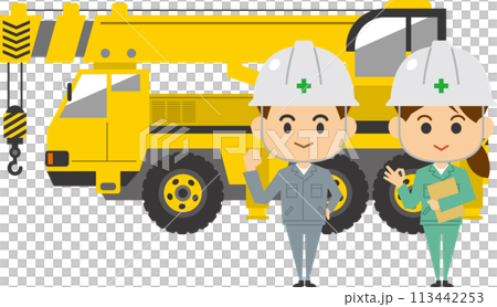 Image illustration of male and female workers standing in front of a large crane truck 113442253