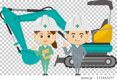 小型ショベルカーの前に立つ男女作業員のイメージイラスト 113442257