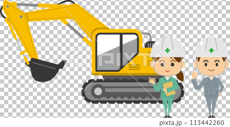 站在大型挖土機前的男性和女性工作者的圖像插圖 113442260