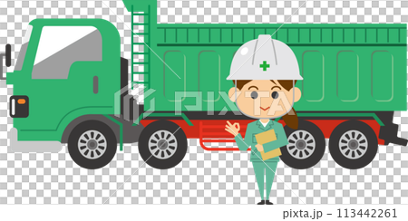 一名女工站在自卸車前的圖像插圖 一名女工站在自卸車前的圖像插圖 113442261