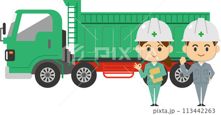 ダンプカーの前に立つ男女作業員のイメージイラスト ダンプカーの前に立つ男女作業員のイメージイラスト 113442263