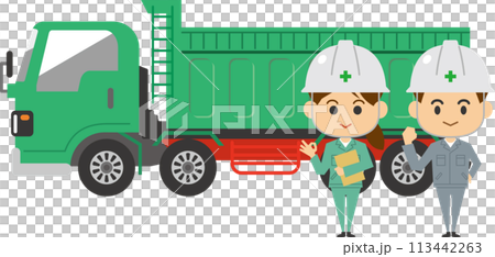ダンプカーの前に立つ男女作業員のイメージイラスト ダンプカーの前に立つ男女作業員のイメージイラスト 113442263
