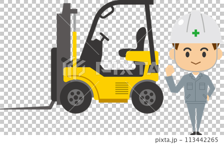 フォークリフトの前に立つ男性作業員のイメージイラスト フォークリフトの前に立つ男性作業員のイメージイラスト 113442265