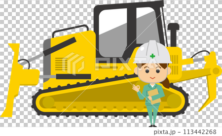Image illustration of a female worker standing in front of a bulldozer 113442268