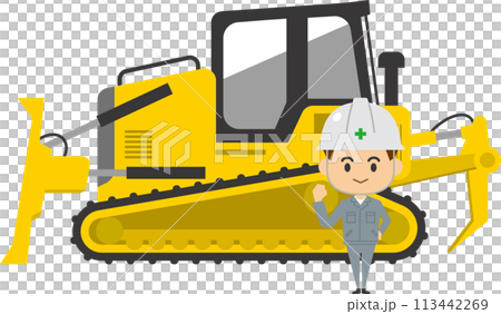 Image illustration of a male worker standing in front of a bulldozer 113442269