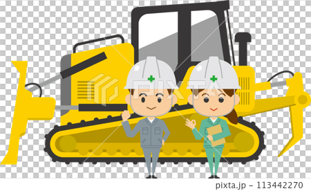 Image illustration of male and female workers standing in front of a bulldozer 113442270