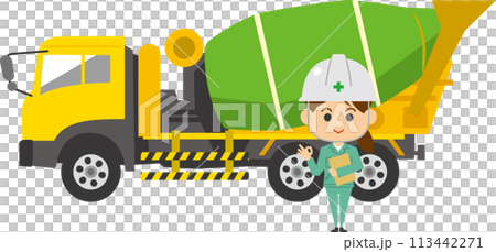 Illustration of a female worker standing in front of a mixer truck 113442271