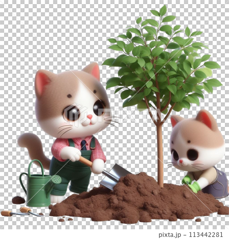 Cat planting a tree 3D render illustration 113442281